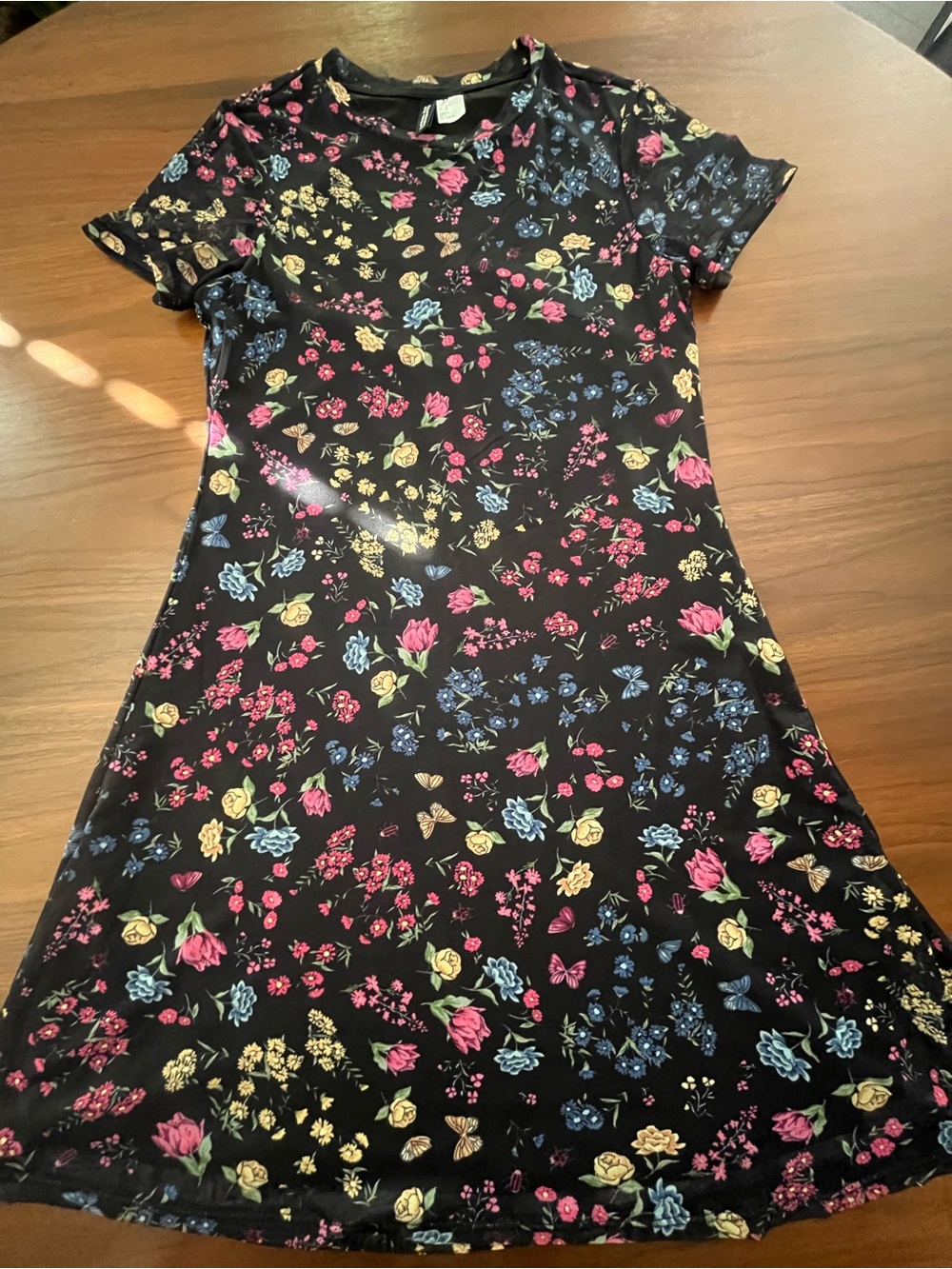H&M Black Floral Short-Sleeve Dress with Pink, Blue & Yellow Blooms